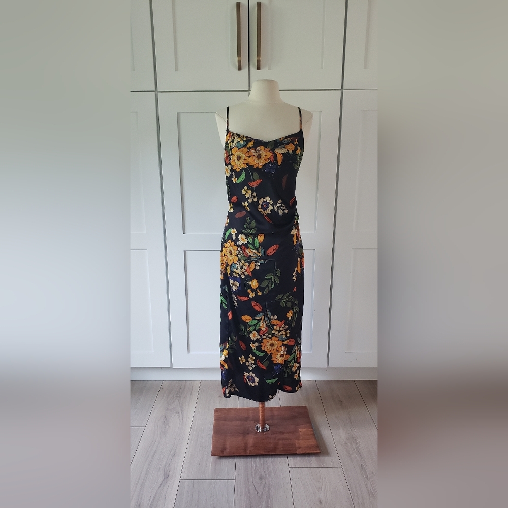 re:named Cowl Neck Floral Slip Dress S Black Satin Baby Doll Midi Wedding Y2K